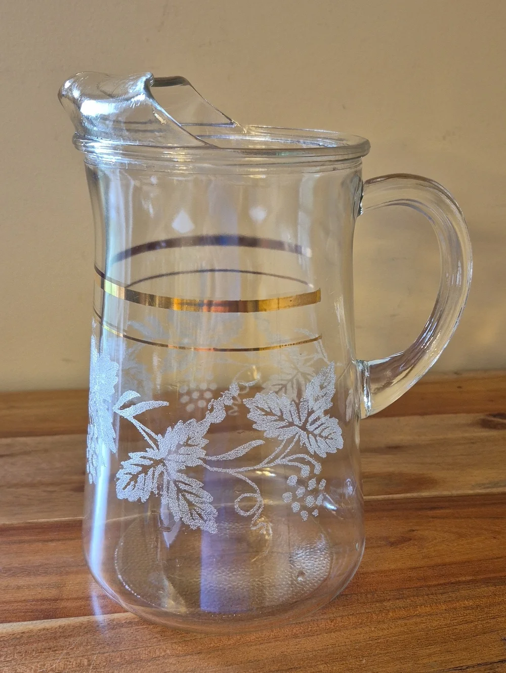 Vintage Bartlett-Collins Glass Pitcher with Etched Grape Leaves & Gold Bands